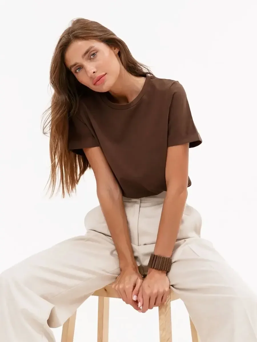 Wolfeel Summer 100% Cotton Women's T-shirt Bottoming Basic Fashionable Solid Lady Short Sleeve Loose Tops Shirts 230g/㎡ Tops