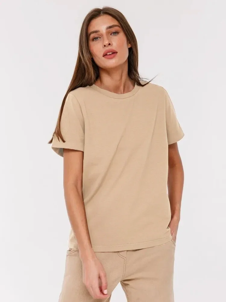 Wolfeel Summer 100% Cotton Women's T-shirt Bottoming Basic Fashionable Solid Lady Short Sleeve Loose Tops Shirts 230g/㎡ Tops
