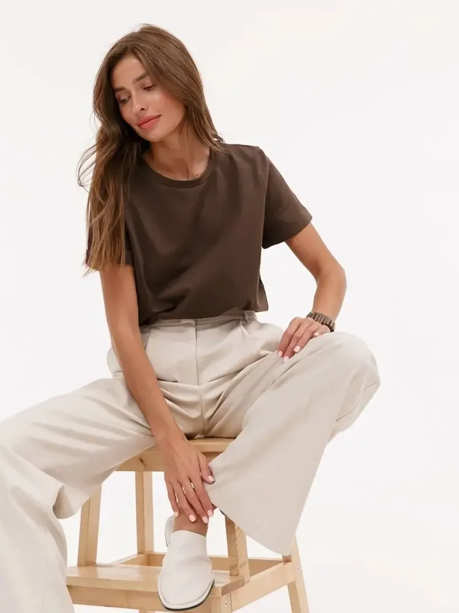 Wolfeel Summer 100% Cotton Women's T-shirt Bottoming Basic Fashionable Solid Lady Short Sleeve Loose Tops Shirts 230g/㎡ Tops