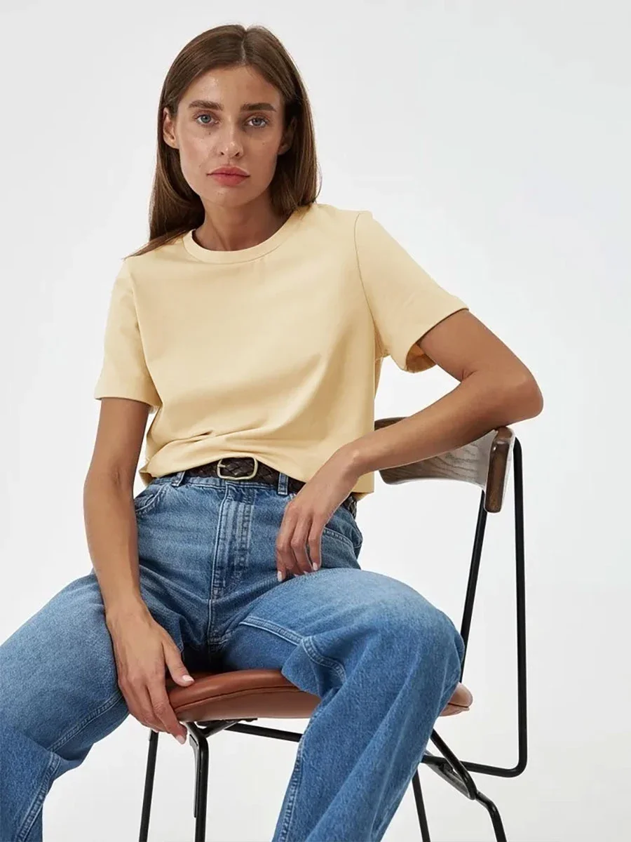 Wolfeel Summer 100% Cotton Women's T-shirt Bottoming Basic Fashionable Solid Lady Short Sleeve Loose Tops Shirts 230g/㎡ Tops