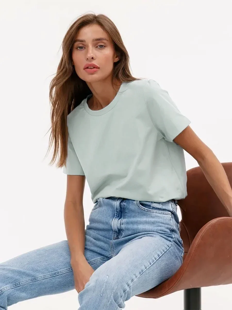 Wolfeel Summer 100% Cotton Women's T-shirt Bottoming Basic Fashionable Solid Lady Short Sleeve Loose Tops Shirts 230g/㎡ Tops
