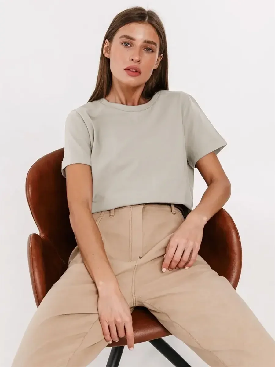 Wolfeel Summer 100% Cotton Women's T-shirt Bottoming Basic Fashionable Solid Lady Short Sleeve Loose Tops Shirts 230g/㎡ Tops