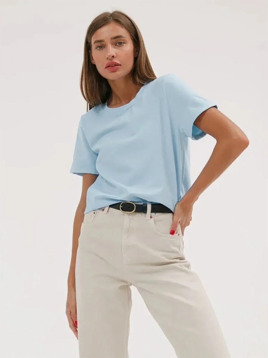 Wolfeel Summer 100% Cotton Women's T-shirt Bottoming Basic Fashionable Solid Lady Short Sleeve Loose Tops Shirts 230g/㎡ Tops