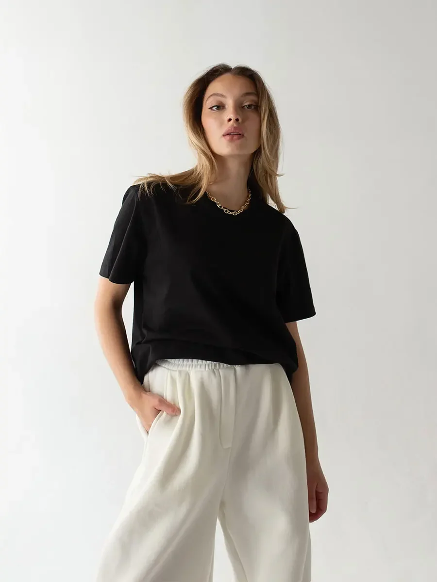 Wolfeel Summer 100% Cotton Women's T-shirt Bottoming Basic Fashionable Solid Lady Short Sleeve Loose Tops Shirts 230g/㎡ Tops