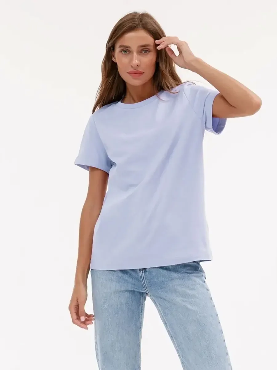 Wolfeel Summer 100% Cotton Women's T-shirt Bottoming Basic Fashionable Solid Lady Short Sleeve Loose Tops Shirts 230g/㎡ Tops