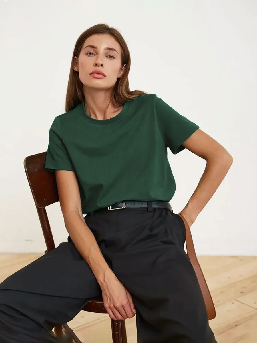 Wolfeel Summer 100% Cotton Women's T-shirt Bottoming Basic Fashionable Solid Lady Short Sleeve Loose Tops Shirts 230g/㎡ Tops