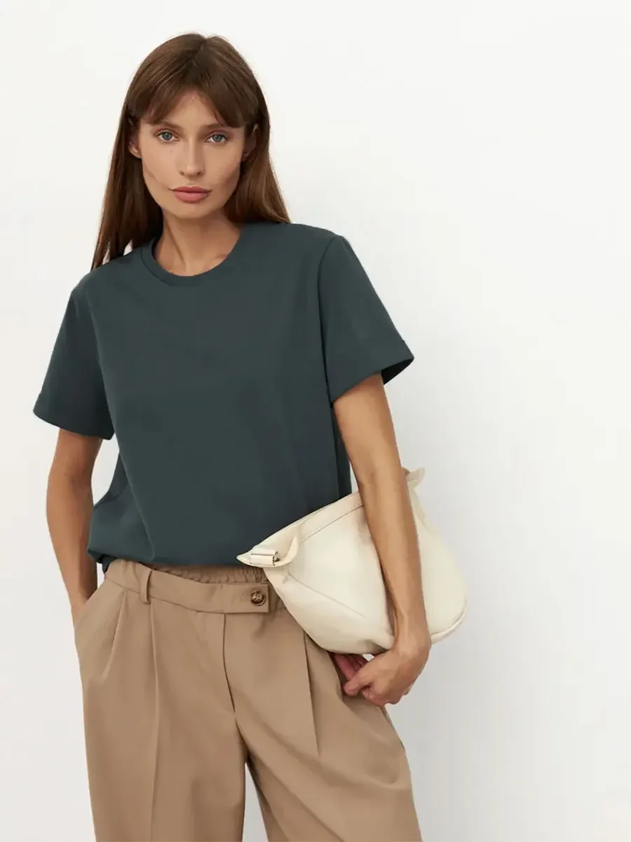 Wolfeel Summer 100% Cotton Women's T-shirt Bottoming Basic Fashionable Solid Lady Short Sleeve Loose Tops Shirts 230g/㎡ Tops