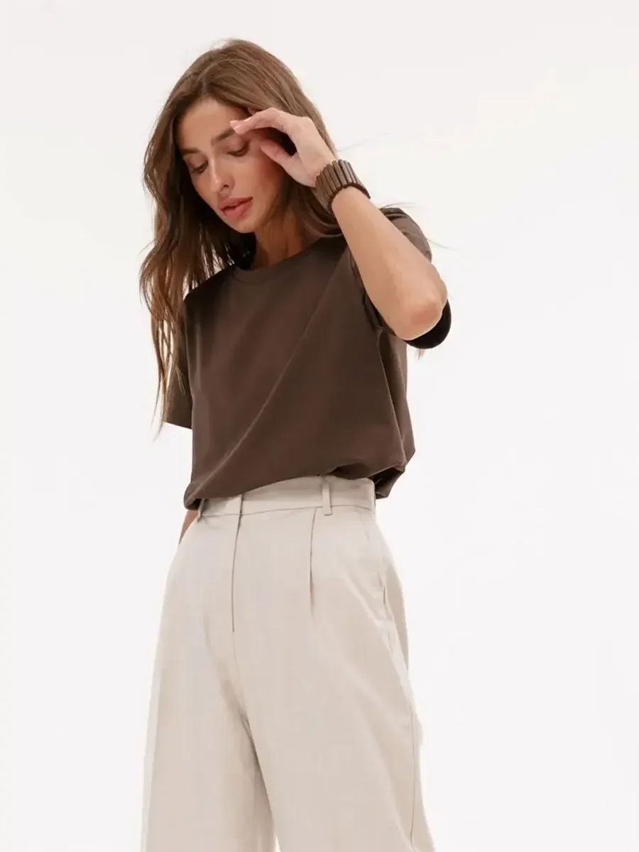 Wolfeel Summer 100% Cotton Women's T-shirt Bottoming Basic Fashionable Solid Lady Short Sleeve Loose Tops Shirts 230g/㎡ Tops