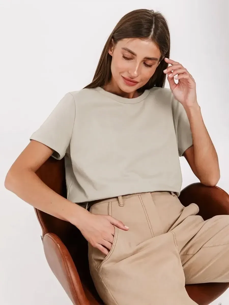 Wolfeel Summer 100% Cotton Women's T-shirt Bottoming Basic Fashionable Solid Lady Short Sleeve Loose Tops Shirts 230g/㎡ Tops