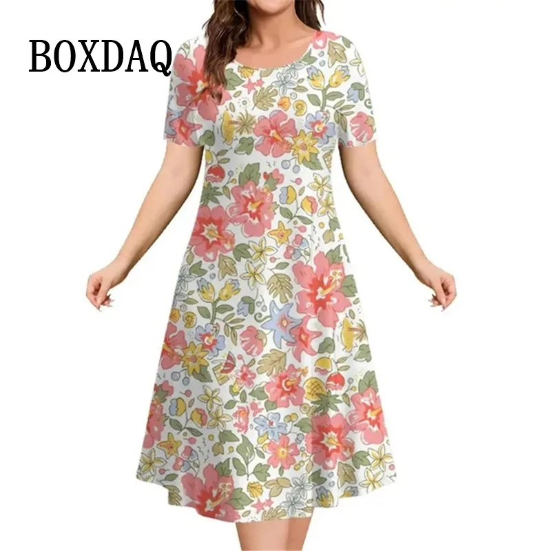 Summer Woman Short Sleeve Dress Elegant Party Evening Dress Women‘S Clothing Party A-Line Skirt Crushed Flower Pullover Dresses
