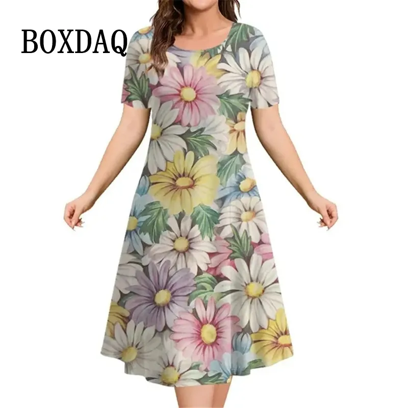 Summer Woman Short Sleeve Dress Elegant Party Evening Dress Women‘S Clothing Party A-Line Skirt Crushed Flower Pullover Dresses