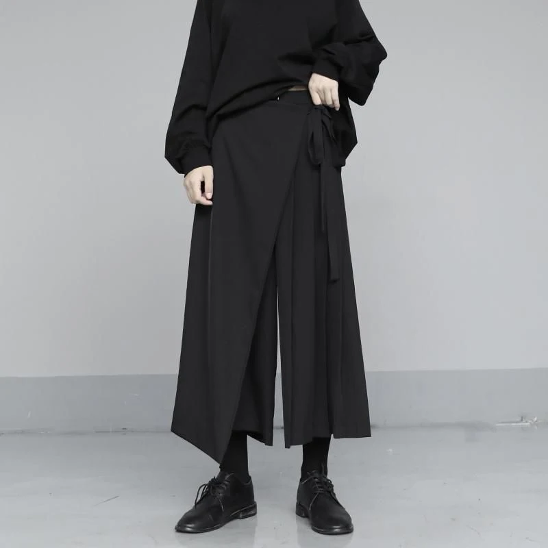 Zoki Vintage Black Y2K Pants Women Harajuku High Waist Gothic Wide Leg Pant Skirt Streetwear Bf Bandage Patchwork Korean Pants
