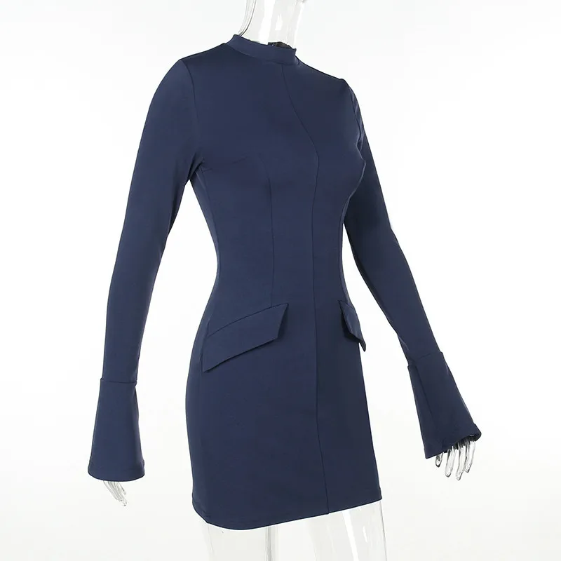 Mozision Dark Blue Two Pocket Sexy Mini Dress For Women 2023 Autumn Winter New Long Sleeve Bodycon Club Party Dress Elegant