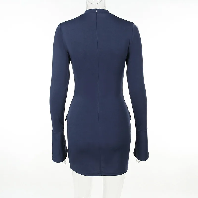 Mozision Dark Blue Two Pocket Sexy Mini Dress For Women 2023 Autumn Winter New Long Sleeve Bodycon Club Party Dress Elegant