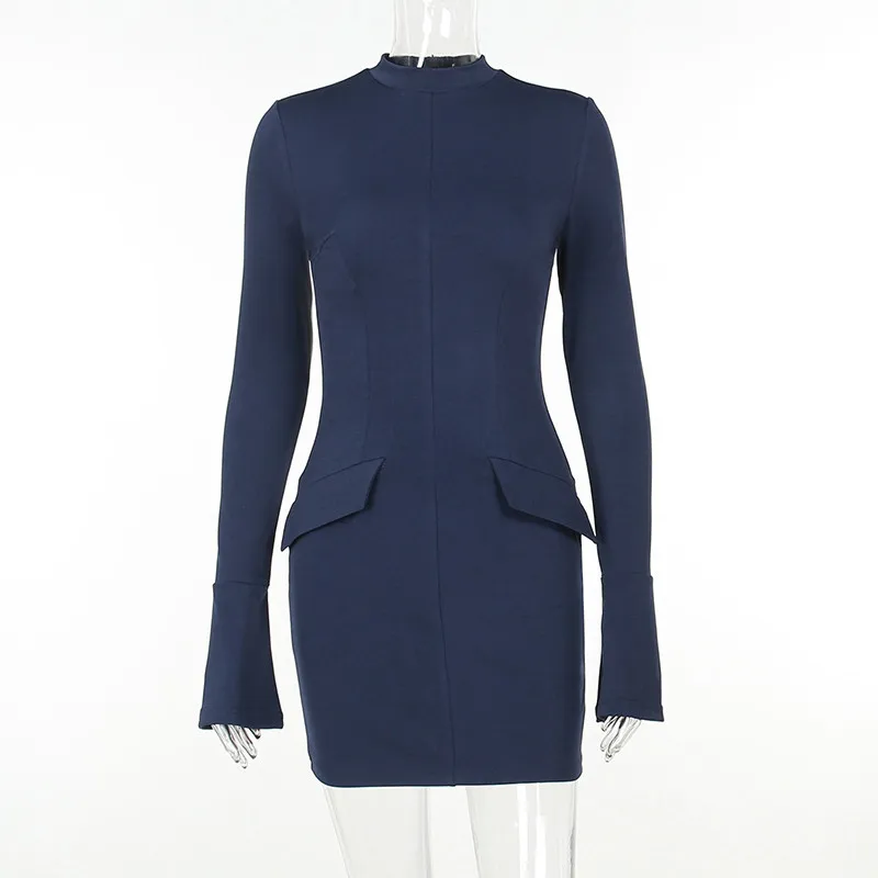 Mozision Dark Blue Two Pocket Sexy Mini Dress For Women 2023 Autumn Winter New Long Sleeve Bodycon Club Party Dress Elegant