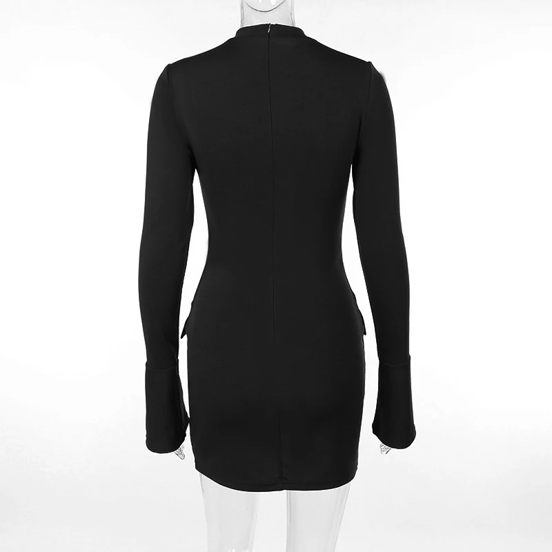 Mozision Dark Blue Two Pocket Sexy Mini Dress For Women 2023 Autumn Winter New Long Sleeve Bodycon Club Party Dress Elegant