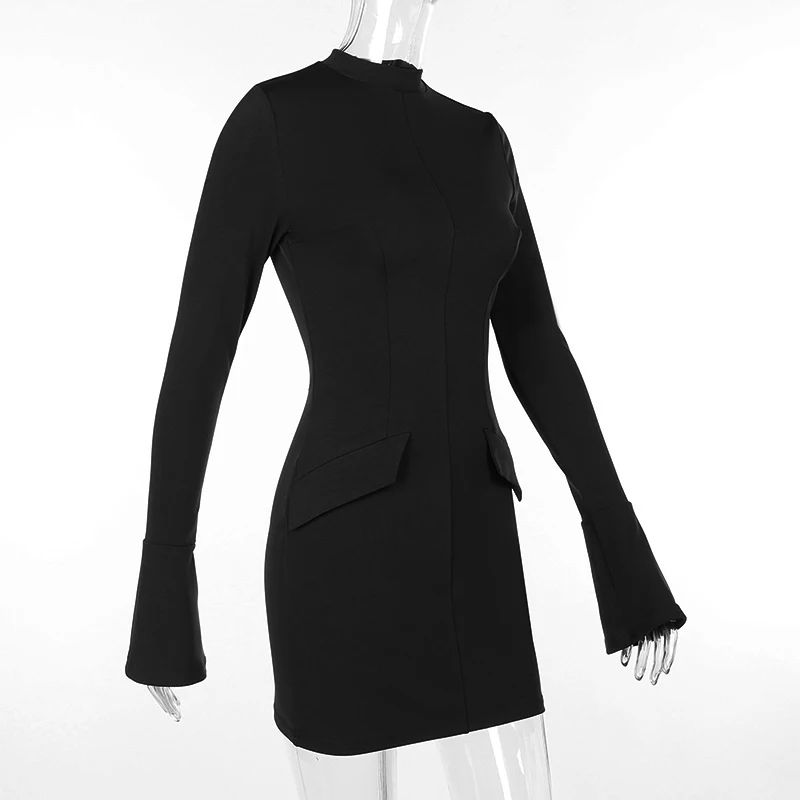 Mozision Dark Blue Two Pocket Sexy Mini Dress For Women 2023 Autumn Winter New Long Sleeve Bodycon Club Party Dress Elegant