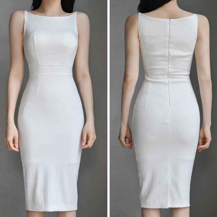 Elegant Office Lady Dress White Summer Slim Fit Korean O-Neck Sleeveless Simplicity Jacquard Style Tight Fitting Dress Women