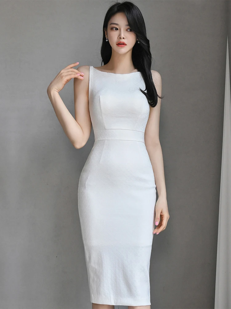 Elegant Office Lady Dress White Summer Slim Fit Korean O-Neck Sleeveless Simplicity Jacquard Style Tight Fitting Dress Women
