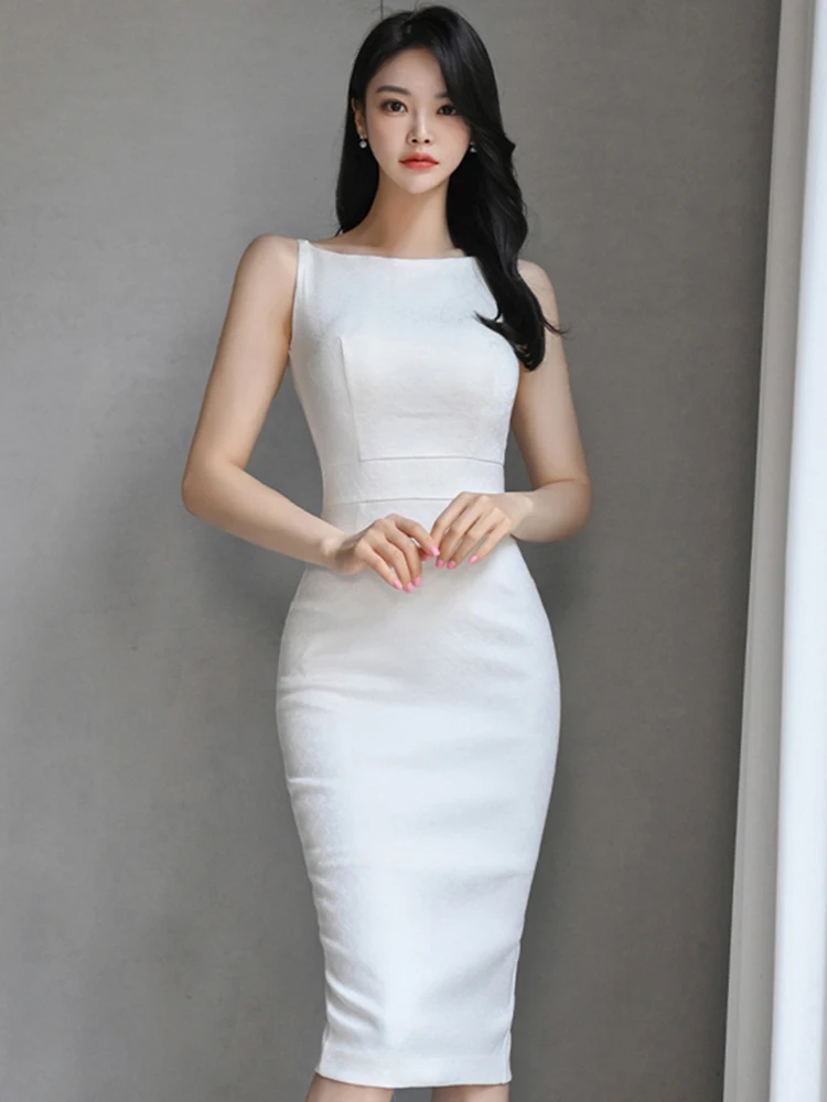 Elegant Office Lady Dress White Summer Slim Fit Korean O-Neck Sleeveless Simplicity Jacquard Style Tight Fitting Dress Women