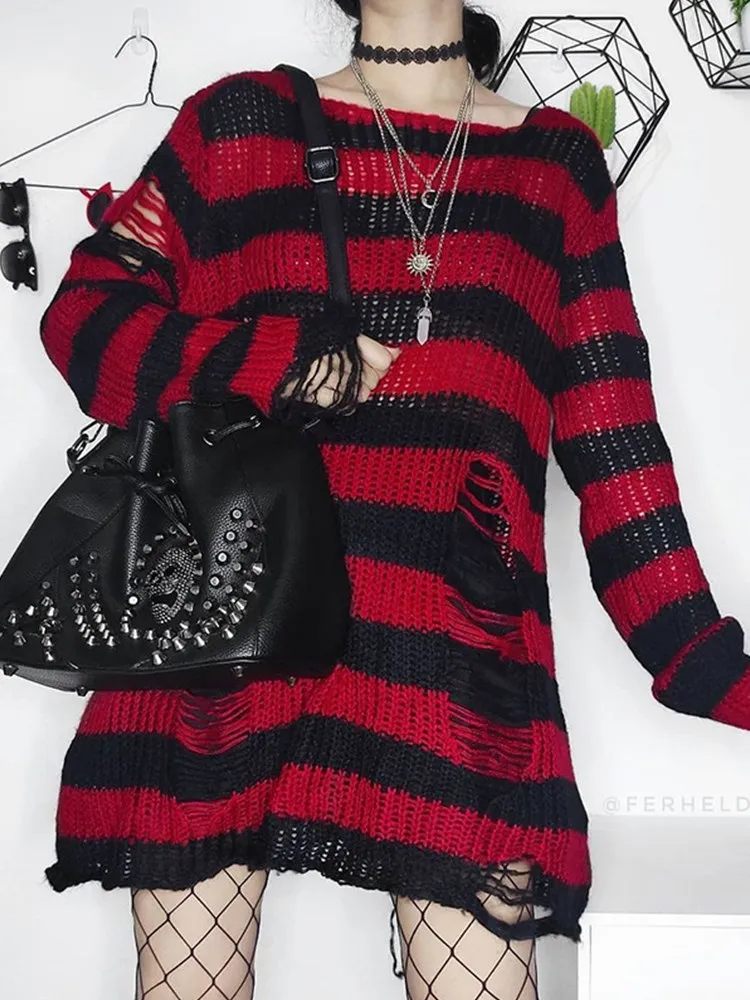 Karrcat Grunge Harajuku Striped Knit Sweater Women Y2K Streetwear Hole Broken Jumper Loose Purple Sweaters Punk Gothic Clothes