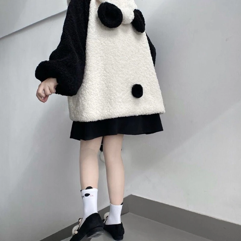 Women Winter Faux Fleece Hoodies Jacket Harajuku Kawaii Cartoon Panda Ears Long Sleeve Sweatshirt Oversized Button Down Plush
