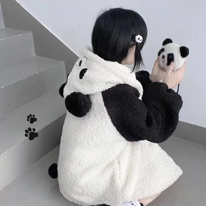 Women Winter Faux Fleece Hoodies Jacket Harajuku Kawaii Cartoon Panda Ears Long Sleeve Sweatshirt Oversized Button Down Plush
