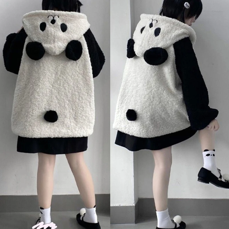 Women Winter Faux Fleece Hoodies Jacket Harajuku Kawaii Cartoon Panda Ears Long Sleeve Sweatshirt Oversized Button Down Plush