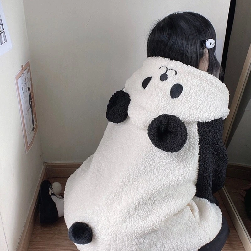 Women Winter Faux Fleece Hoodies Jacket Harajuku Kawaii Cartoon Panda Ears Long Sleeve Sweatshirt Oversized Button Down Plush
