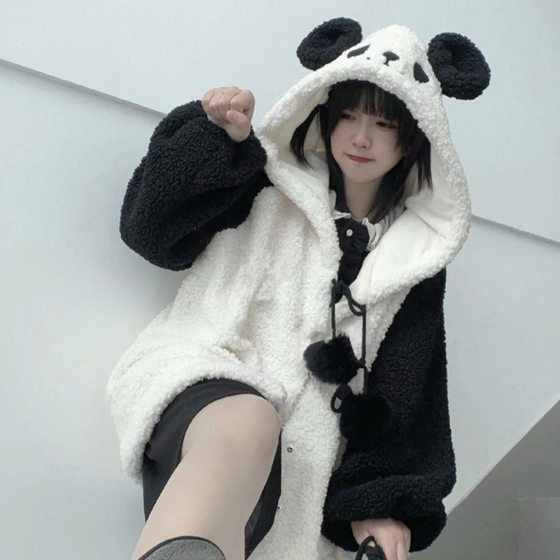 Women Winter Faux Fleece Hoodies Jacket Harajuku Kawaii Cartoon Panda Ears Long Sleeve Sweatshirt Oversized Button Down Plush