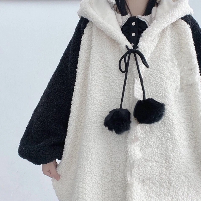Women Winter Faux Fleece Hoodies Jacket Harajuku Kawaii Cartoon Panda Ears Long Sleeve Sweatshirt Oversized Button Down Plush