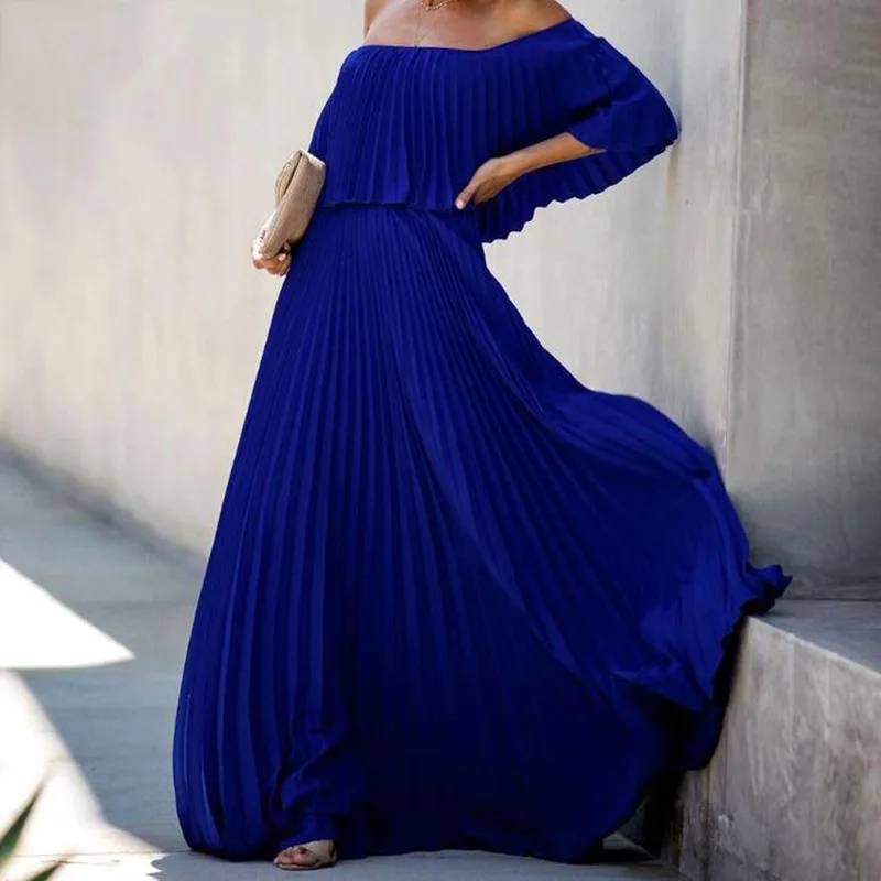 Sexy Off Shoulder Solid Summer Women Long Dress Elegant Patchwork Strapless Walk Dress Fashion Femme Wedding Party Dress Vestido