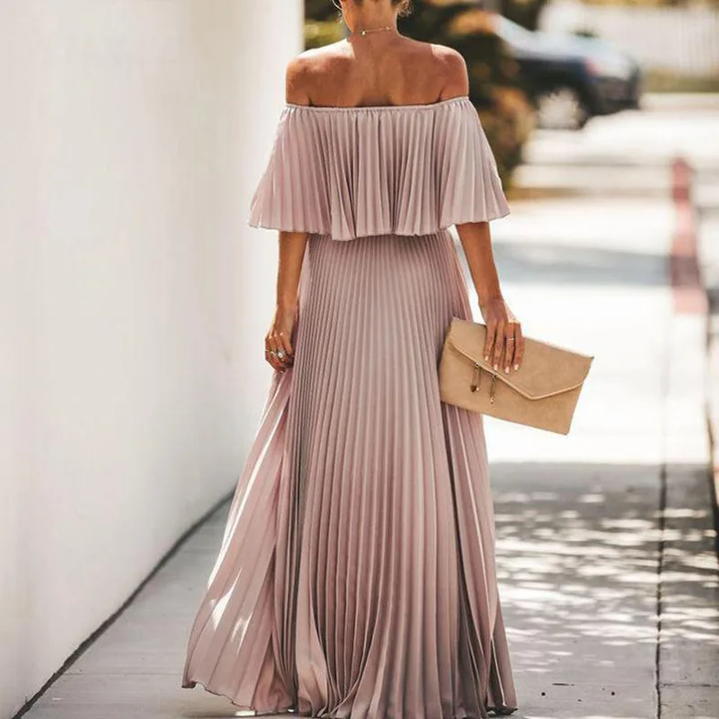Sexy Off Shoulder Solid Summer Women Long Dress Elegant Patchwork Strapless Walk Dress Fashion Femme Wedding Party Dress Vestido