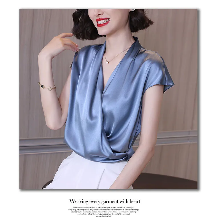 2026 Summer Beautiful Women's Blouses Fashion Chiffon V Neck Women Blouses Satin Office Black Women Elegant Shirts Silk Camisa