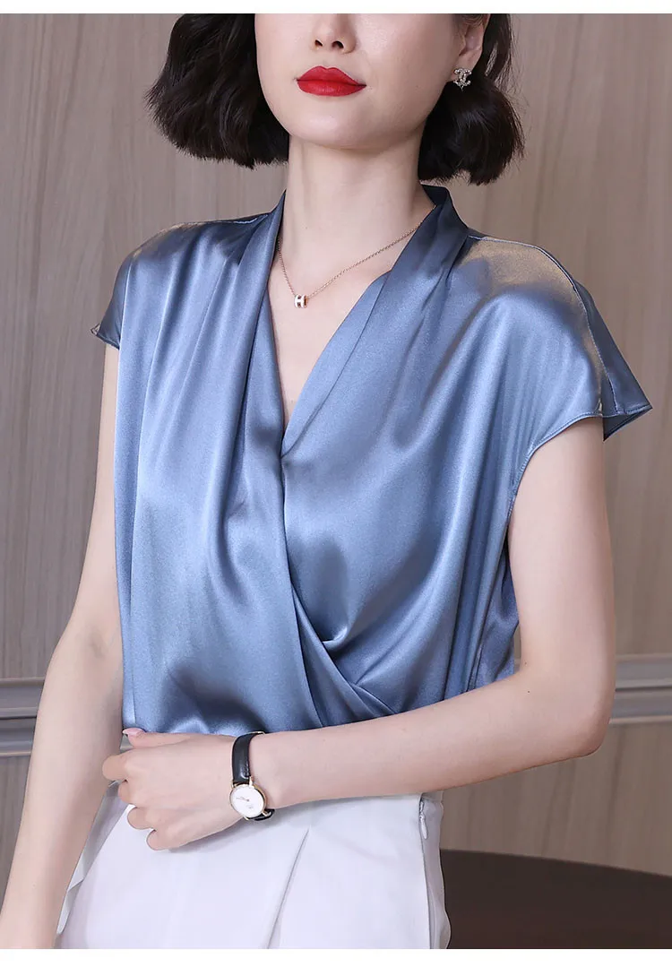 2026 Summer Beautiful Women's Blouses Fashion Chiffon V Neck Women Blouses Satin Office Black Women Elegant Shirts Silk Camisa