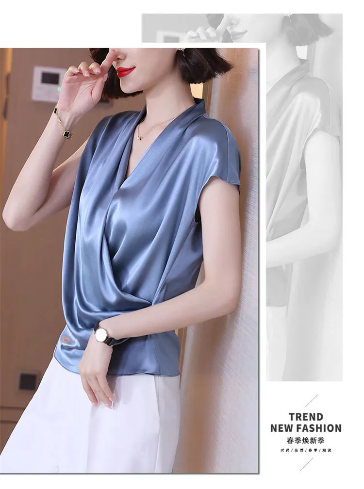 2026 Summer Beautiful Women's Blouses Fashion Chiffon V Neck Women Blouses Satin Office Black Women Elegant Shirts Silk Camisa