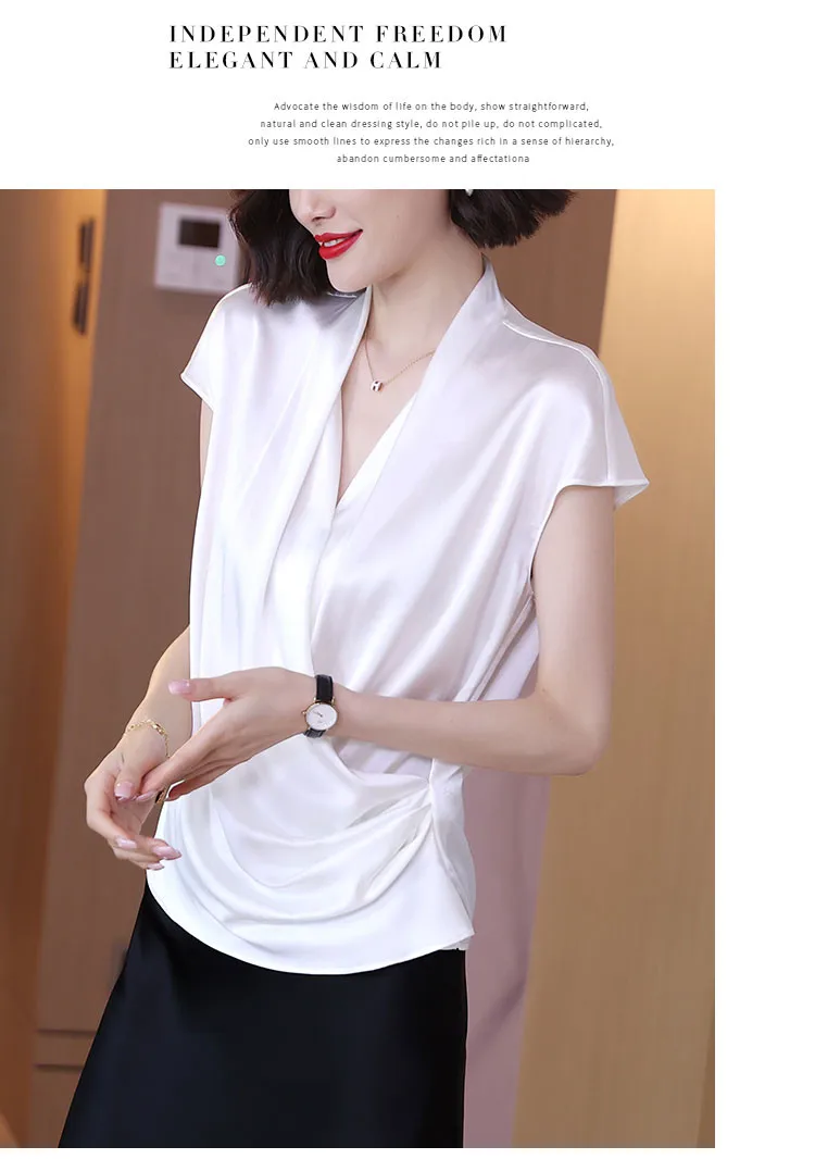 2026 Summer Beautiful Women's Blouses Fashion Chiffon V Neck Women Blouses Satin Office Black Women Elegant Shirts Silk Camisa