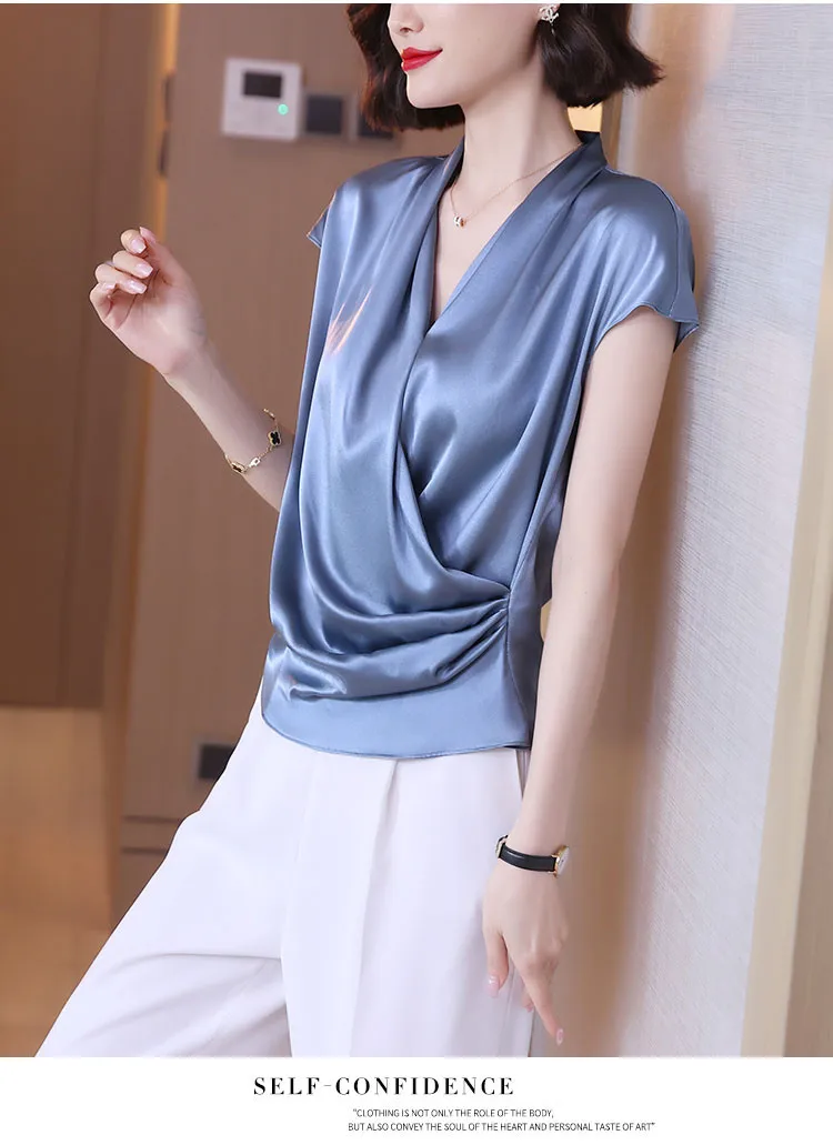 2026 Summer Beautiful Women's Blouses Fashion Chiffon V Neck Women Blouses Satin Office Black Women Elegant Shirts Silk Camisa