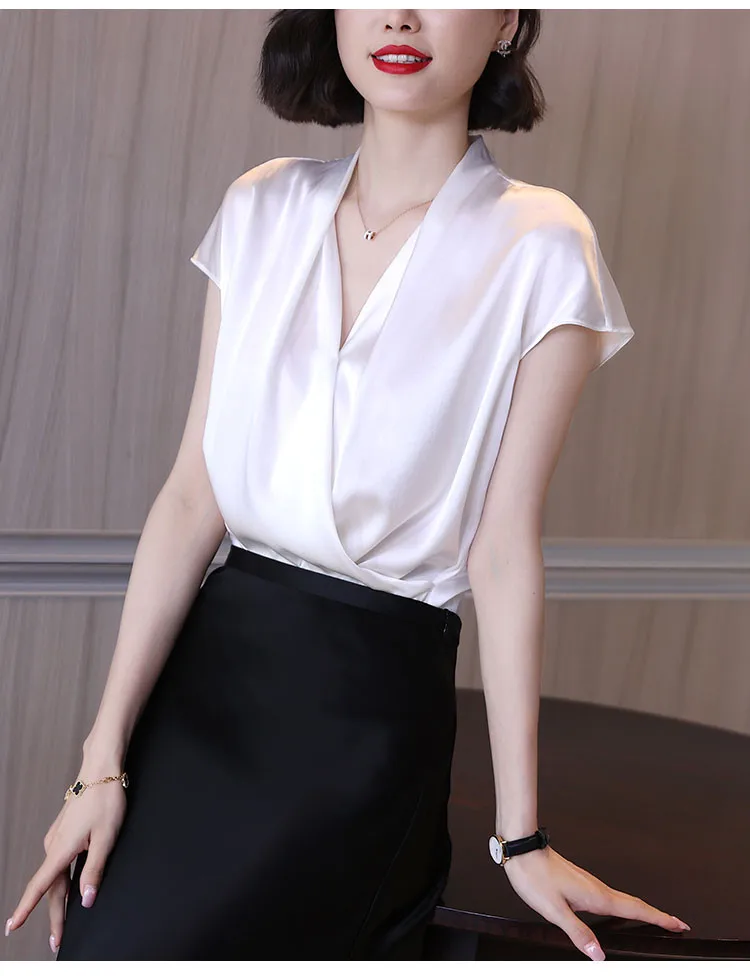 2026 Summer Beautiful Women's Blouses Fashion Chiffon V Neck Women Blouses Satin Office Black Women Elegant Shirts Silk Camisa