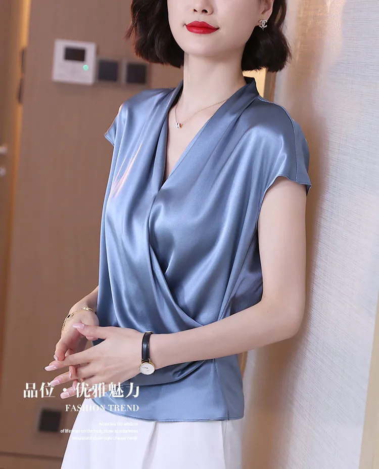2026 Summer Beautiful Women's Blouses Fashion Chiffon V Neck Women Blouses Satin Office Black Women Elegant Shirts Silk Camisa