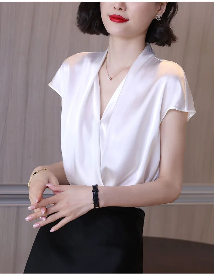 2026 Summer Beautiful Women's Blouses Fashion Chiffon V Neck Women Blouses Satin Office Black Women Elegant Shirts Silk Camisa