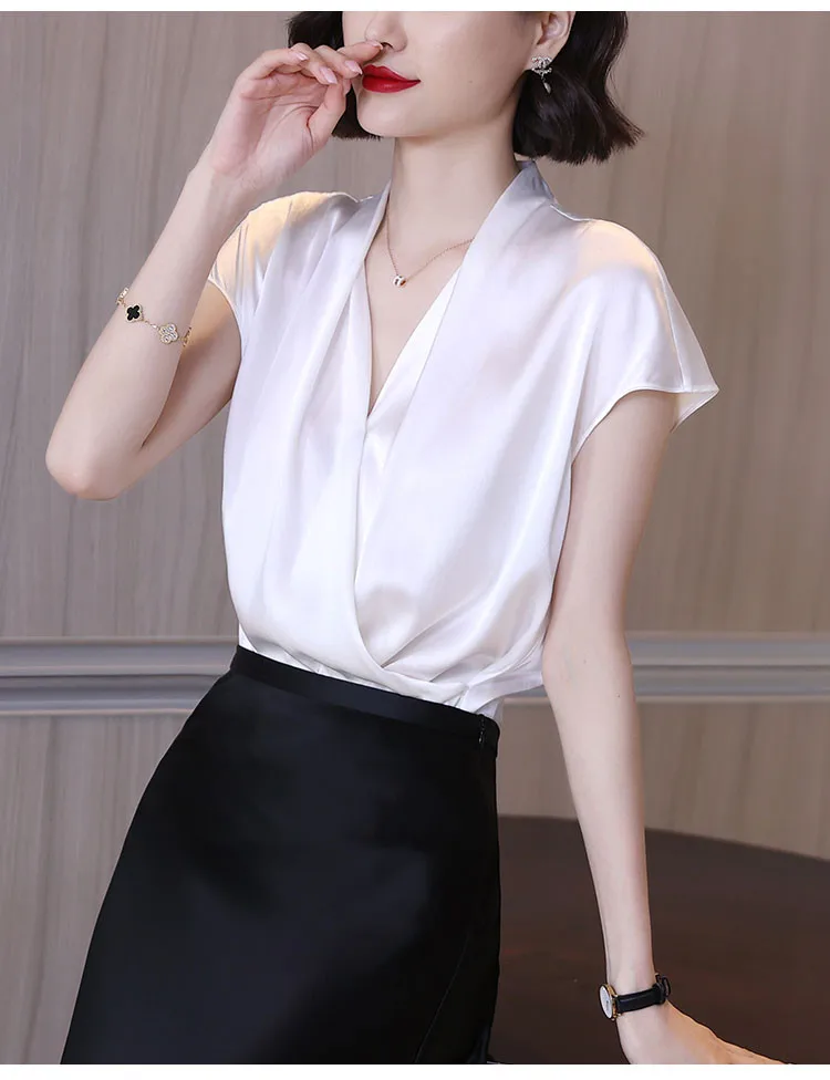 2026 Summer Beautiful Women's Blouses Fashion Chiffon V Neck Women Blouses Satin Office Black Women Elegant Shirts Silk Camisa