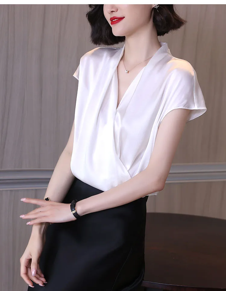 2026 Summer Beautiful Women's Blouses Fashion Chiffon V Neck Women Blouses Satin Office Black Women Elegant Shirts Silk Camisa