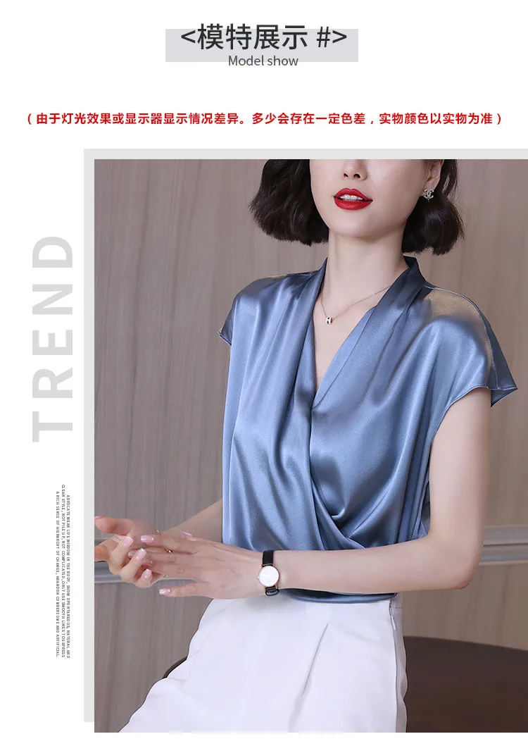 2026 Summer Beautiful Women's Blouses Fashion Chiffon V Neck Women Blouses Satin Office Black Women Elegant Shirts Silk Camisa