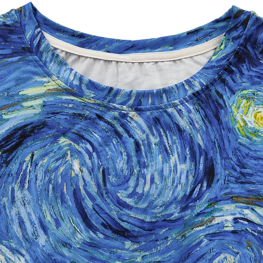 VIP FASHION Summer Short Sleeve Dress Women Van Gogh Star and Moon Night Painting Printed Knee-Length Dress O-Neck Smock Dress