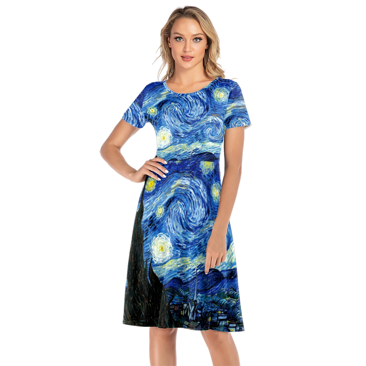 VIP FASHION Summer Short Sleeve Dress Women Van Gogh Star and Moon Night Painting Printed Knee-Length Dress O-Neck Smock Dress