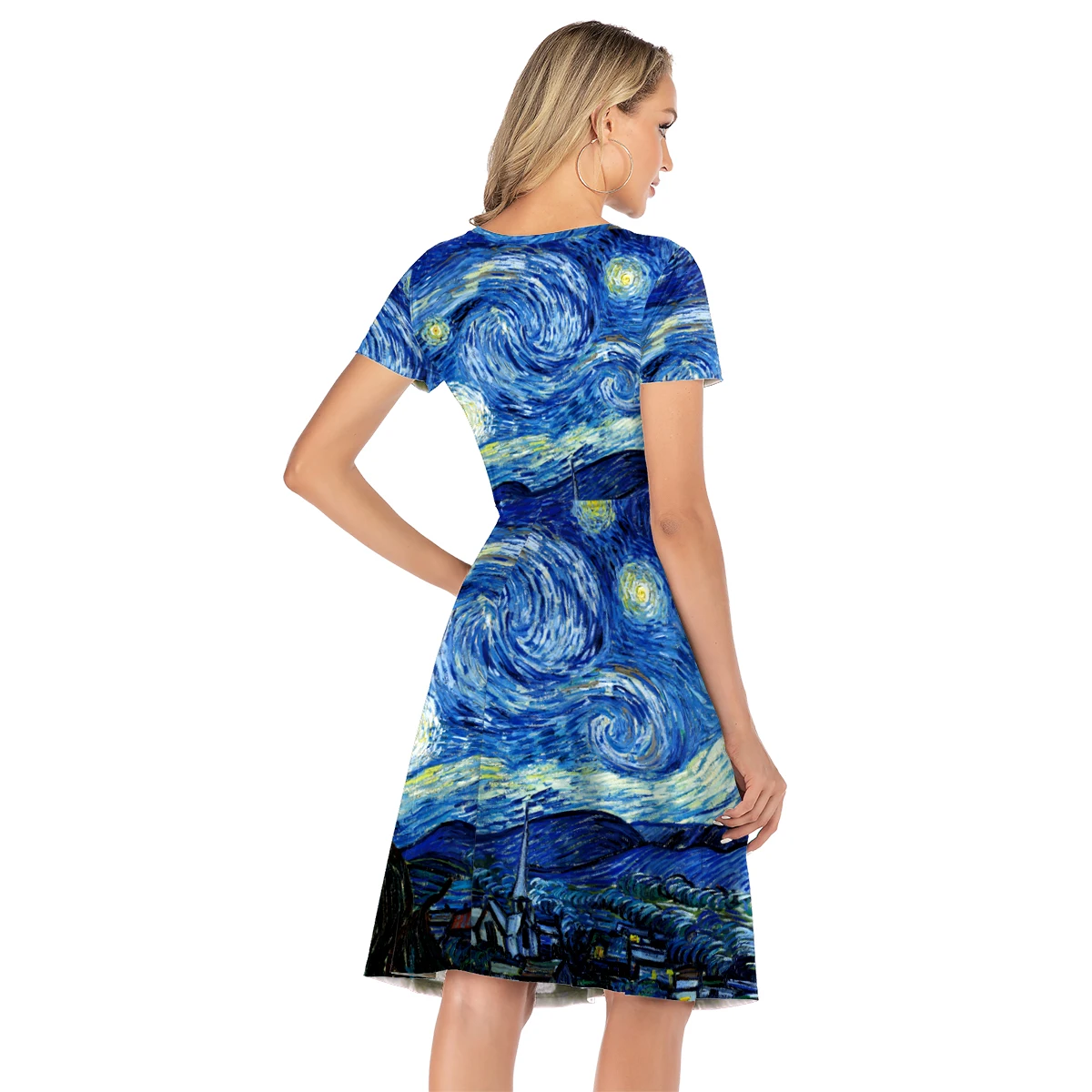 VIP FASHION Summer Short Sleeve Dress Women Van Gogh Star and Moon Night Painting Printed Knee-Length Dress O-Neck Smock Dress