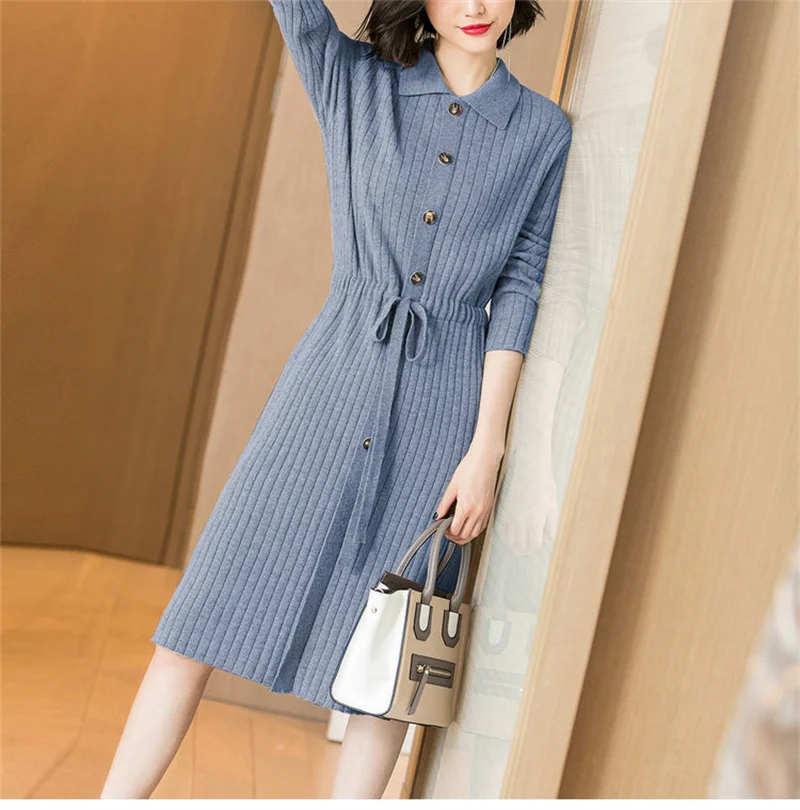 Loose Pullover Sweater Dress Lace-UP 2026 New Spring Size XXXL High-End Turn-Down Collor Long Knitted Dress Women's Autumn Dress