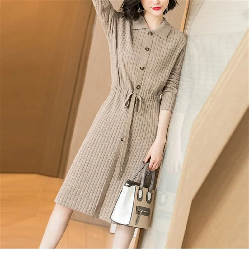 Loose Pullover Sweater Dress Lace-UP 2026 New Spring Size XXXL High-End Turn-Down Collor Long Knitted Dress Women's Autumn Dress