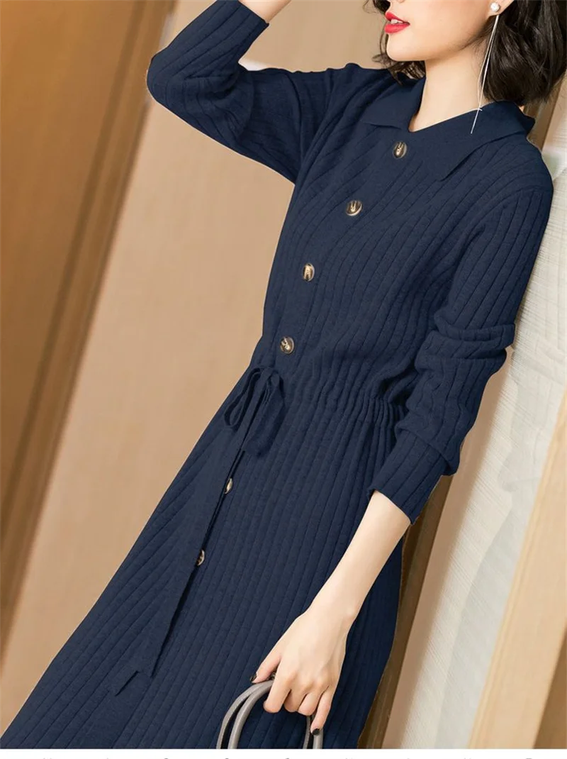 Loose Pullover Sweater Dress Lace-UP 2026 New Spring Size XXXL High-End Turn-Down Collor Long Knitted Dress Women's Autumn Dress
